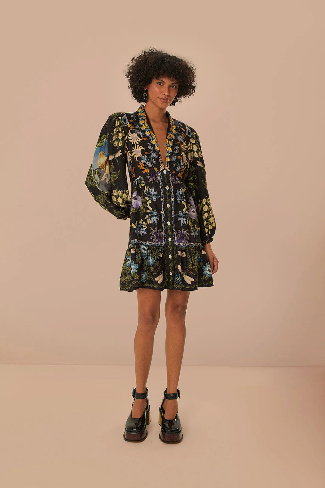 Black Winter Garden Mini Dress Long Sleeves | FarmRio (US)