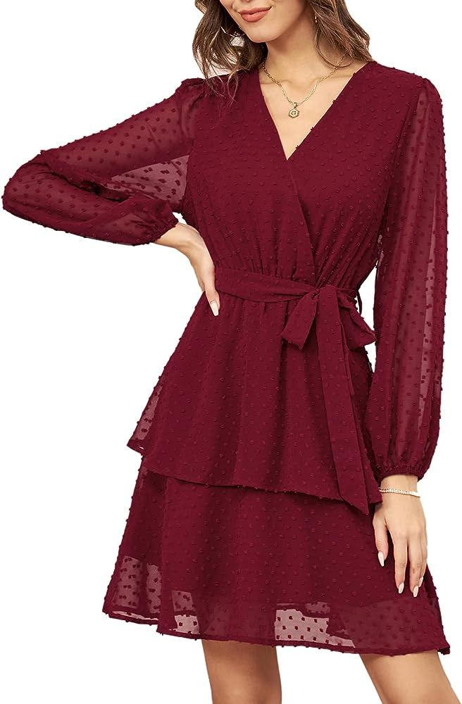 GRACE KARIN Women's Swiss Dot Dress Wrap V Neck Lantern Long Sleeve Cocktail Party Dress with Bel... | Amazon (US)