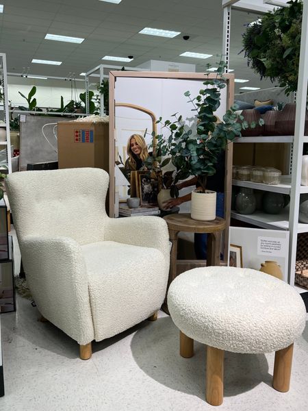 Cream Sherpa accent armchair. Studio McGee living room chair. Tuffed Sherpa boucle ottoman with wood legs  

#LTKhome #LTKU #LTKunder50