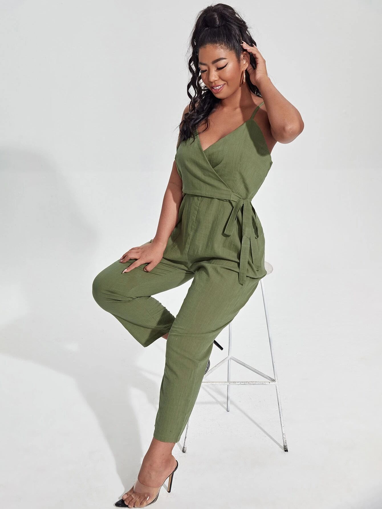 Plus Surplice Front Tie Side Cami Jumpsuit | SHEIN