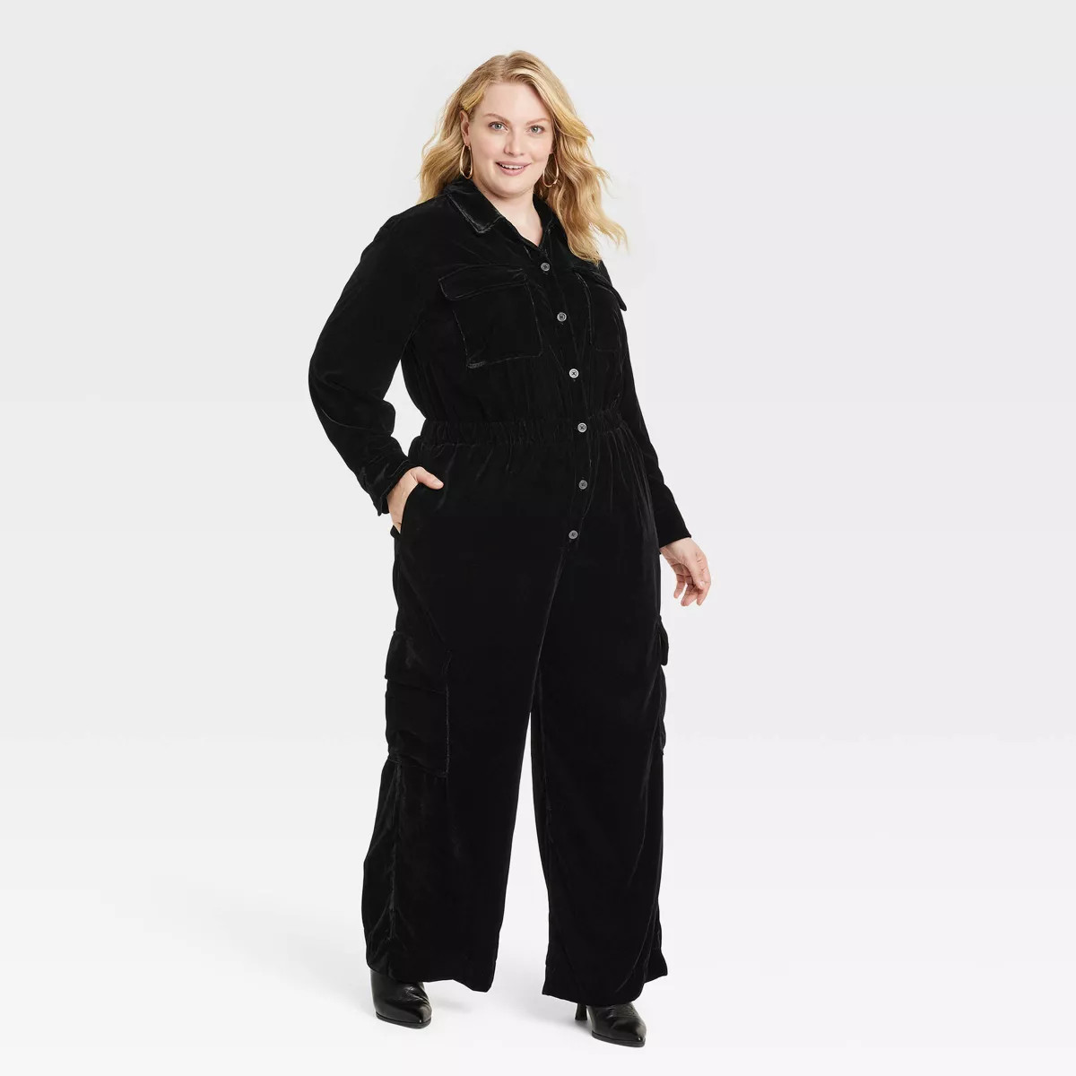 Women's Long Sleeve Velvet Cargo Jumpsuit - Universal Thread™ Black 30 | Target