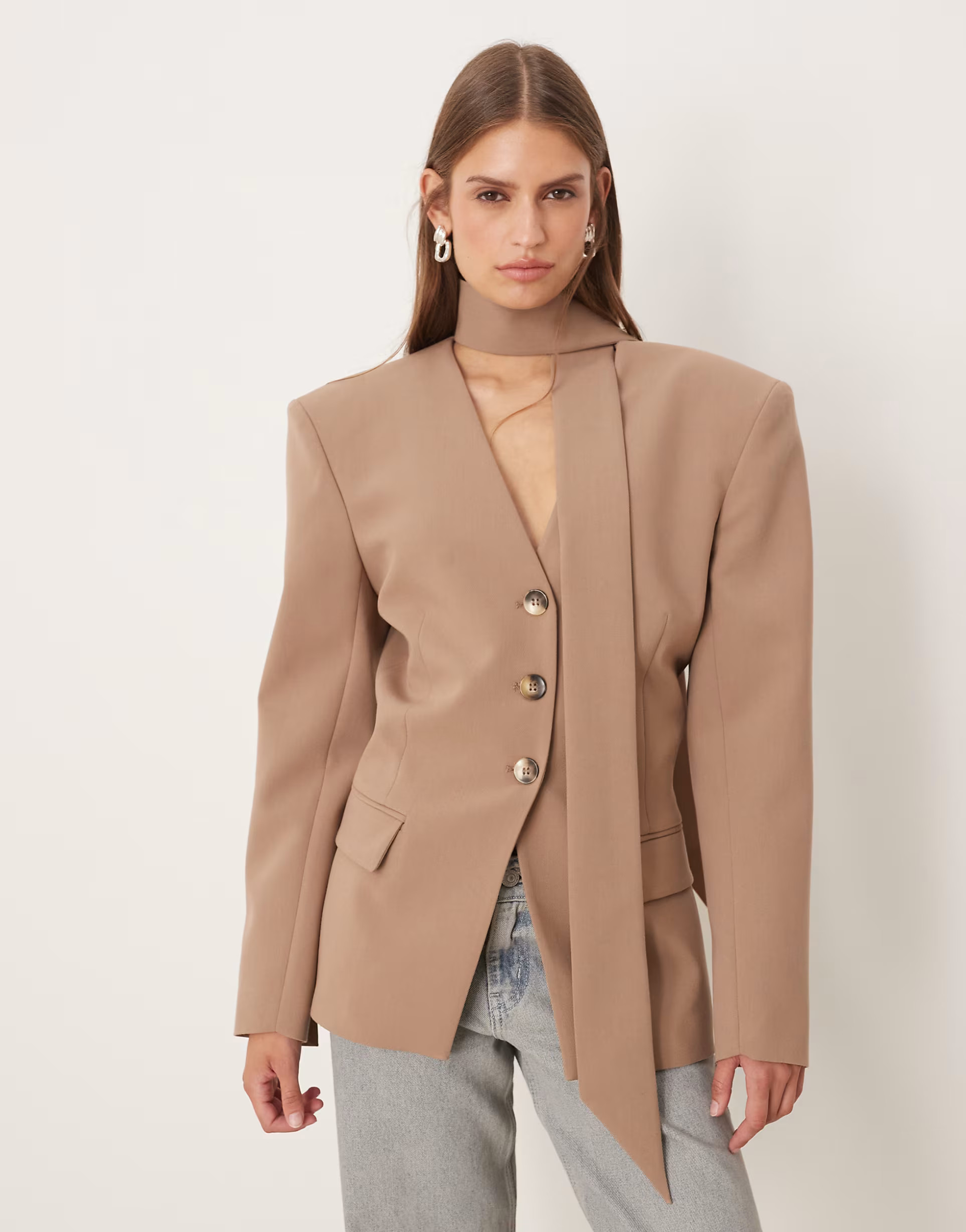 ASOS DESIGN cinch shoulder pad blazer with scarf co ord in mocha | ASOS (Global)