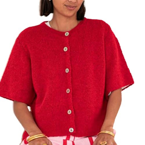 Women Y2k Crop Knit Cardigan Short Sleeve Button Down Casual Rib Knitted Sweater Shirt Streewear (Red, M) | Amazon (US)