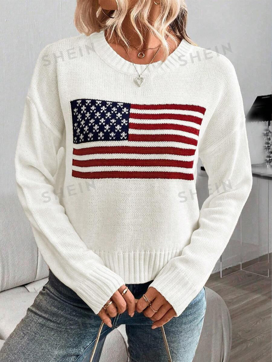 SHEIN LUNE Casual American Flag Pattern Knitted Sweater, Spring And Autumn | SHEIN
