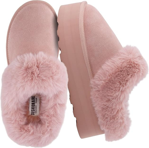 CUSHIONAIRE Husky 100% Genuine Suede Platform Slippers for Women with Fuzzy Faux Fur Lining, Comf... | Amazon (US)