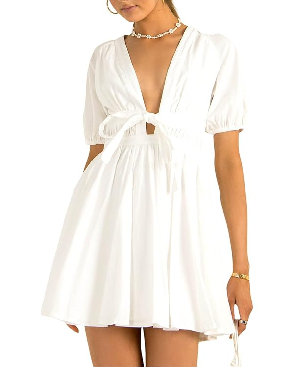 Women's Cute Summer Short Puff Sleeve Tie Cotton Mini Dress | Amazon (US)