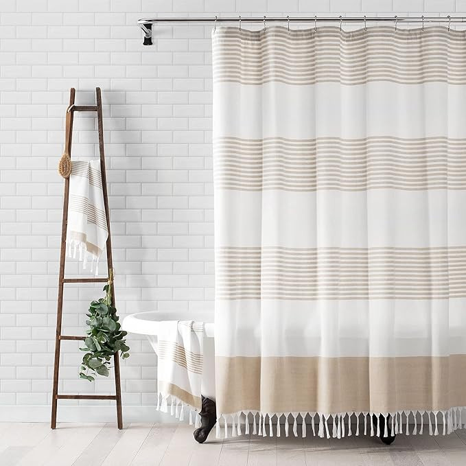 Elrene Home Fashions Boho Harper Stripe Knotted-Tassel Fabric Shower Curtain, 72 Inches by 72 Inc... | Amazon (US)