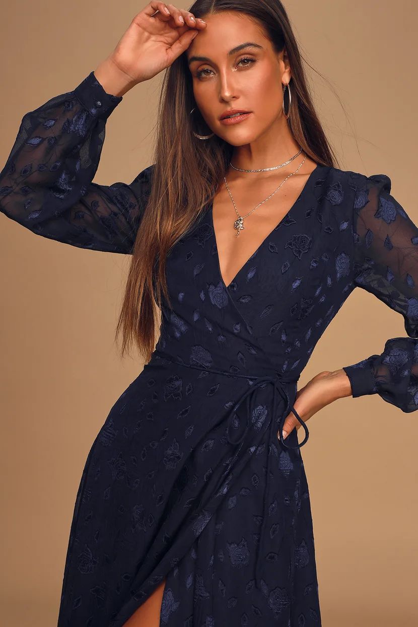 Evening of Elegance Navy Blue Floral Jacquard Wrap Midi Dress | Lulus (US)