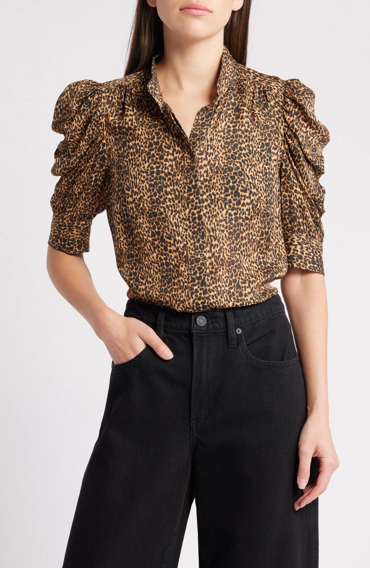 FRAME Gillian Leopard Print Puff Sleeve Silk Top | Nordstrom | Nordstrom