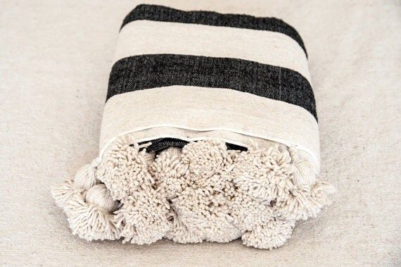 Moroccan blanket pom pom, blanket with pompoms, handmade blanket wool/cotton | Etsy (US)