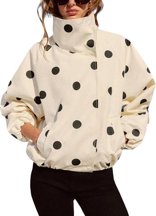 SCUSTY Women's Oversized Polka Dot Bomber Jacket Button Down Fall Coat | Amazon (US)