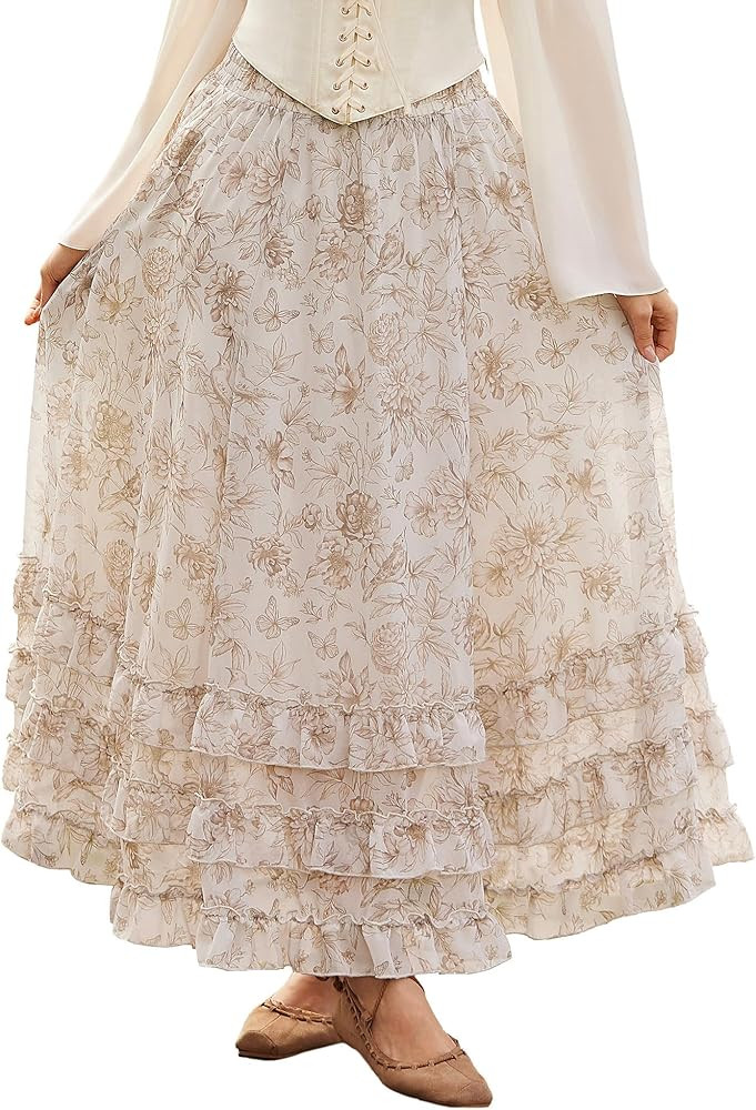 SCARLET DARKNESS Damen Maxi Röcke Blumen Chiffon Viktorianisches Elastisch Hohe Taille Fließend... | Amazon (DE)