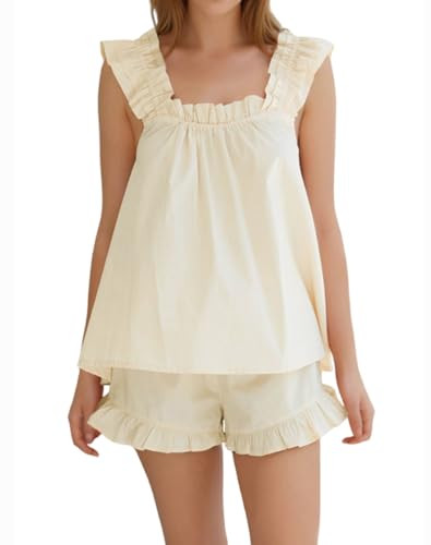 Xfileen Womens Summer 2 Piece Set Fashion Ruffle Trim Cami and Casual Shorts Set Cotton Pajama Sets Yellow | Amazon (US)