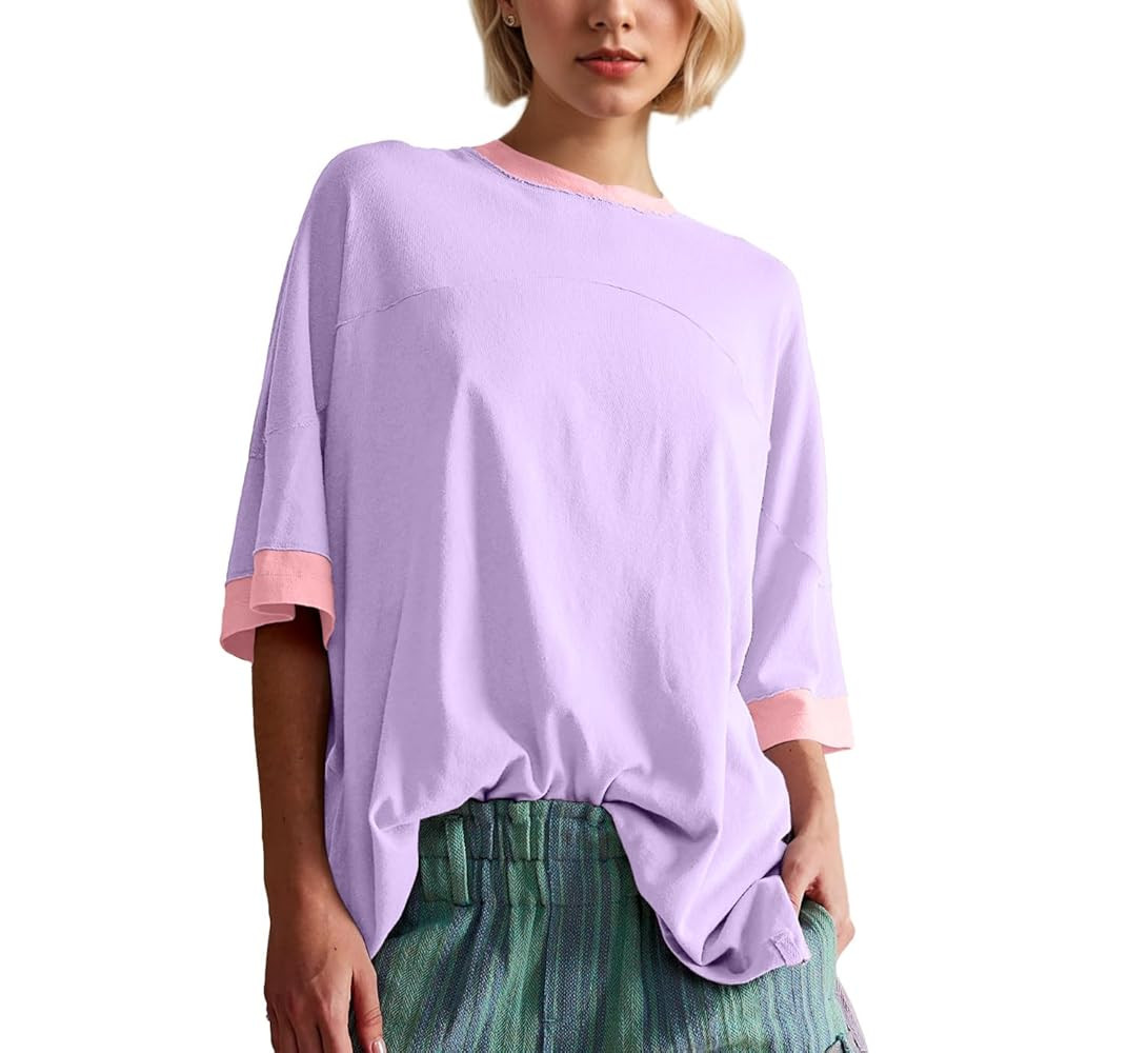 Women Oversized Color Block Short Sleeve T Shirt Crewneck Patchwork Split Hem Shirt Casual Loose ... | Amazon (US)