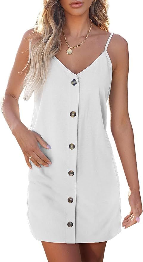 AlvaQ Women Summer Dresses 2024 Strappy Button V Neck Sleeveless Casual Beach Sundress Swing Loos... | Amazon (US)