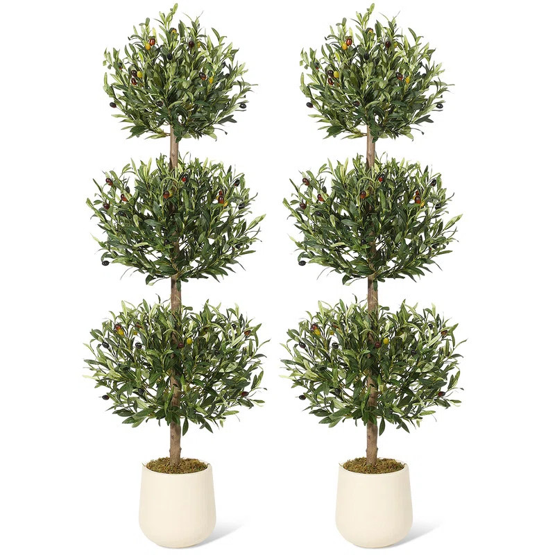 59" Artificial Ball Topiary Olive Tree - Fake Green Realistic Potted Plant with Olives, Moss Deco... | Wayfair North America