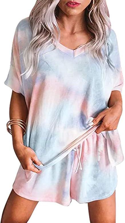 Womens Pajama Sets Short Sleeve Tie Dye Lounge Sets 2 Piece Outfit Sleepwear Nightwear Pjs | Amazon (US)