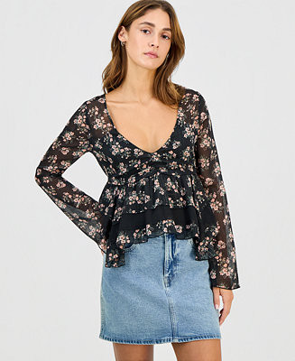 Juniors' Long-Sleeve Hanky-Hem Woven Top | Macy's