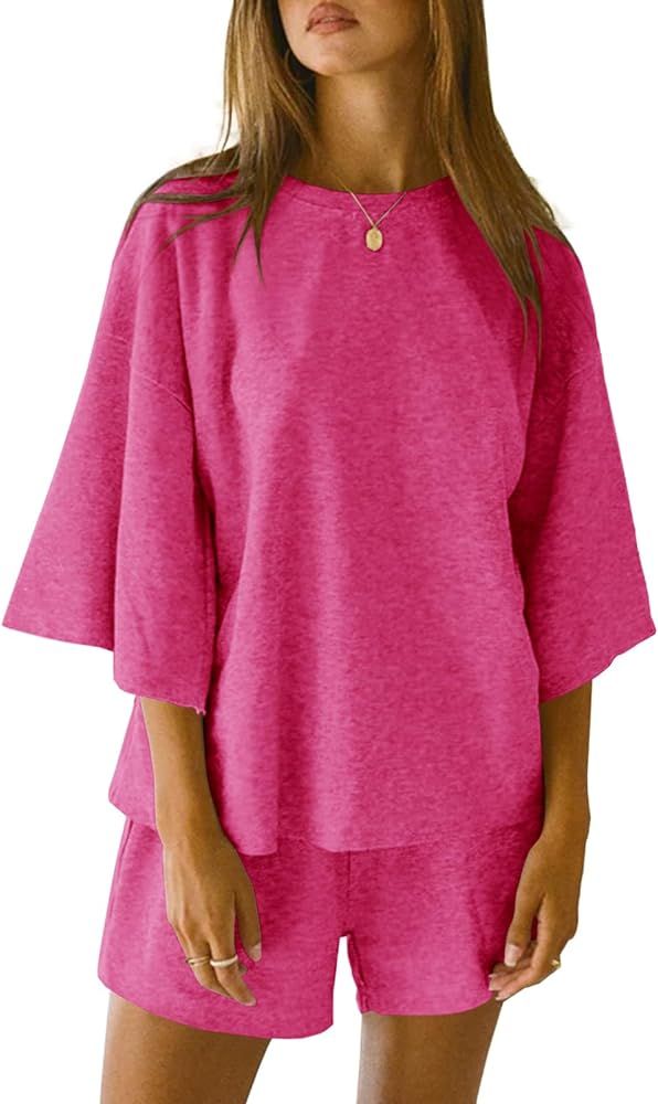Tankaneo Womens 2 Piece Outfits 3/4 Sleeve Tops and Elastic Waist Shorts Lounge Sets Loungewear | Amazon (US)