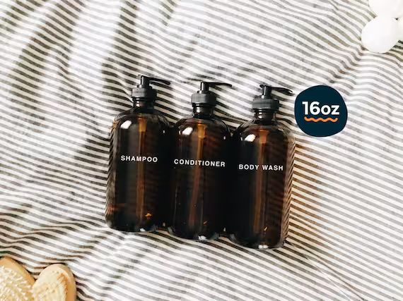 glass bathroom set - 16oz | amber glass shampoo, conditioner & body wash bottles | eco-friendly z... | Etsy (US)