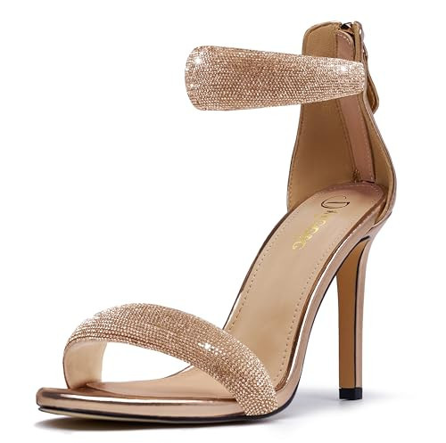 Women's Gold Pump Open Toe Heel Sandals Dressy Heels Ankle Strap Strappy Rhinestone Sparkle Glitter Heels for Women Puff Metallic Wedding Shoes 12 | Amazon (US)
