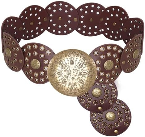 Wide Disc Belt for Women Cowboy Vintage Western Concho Leather Waist Belts Boho Disk Y2k Belt for... | Amazon (US)