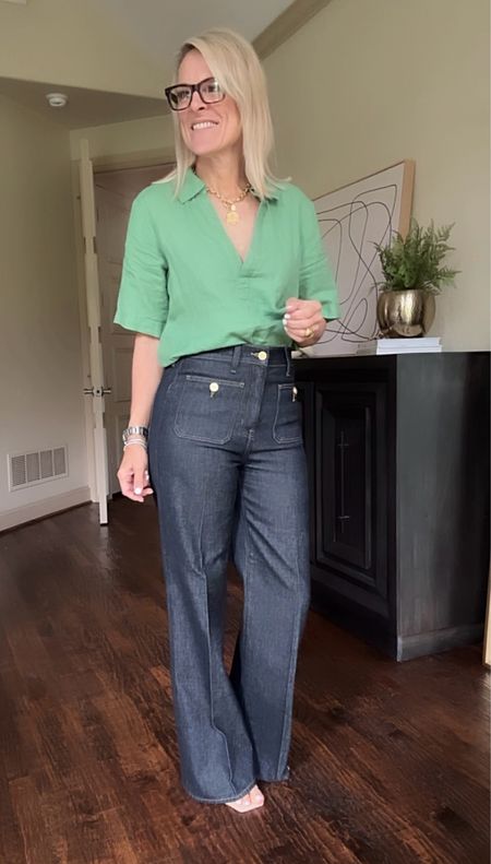 Same
Linen top as yesterday but emerald green! I use my micro stitch gadget to make the shirt opening not quite so open. 
Too - small
Jeans tts wearing regular length. I am 5’6” for reference.  Tall and petite available  
Wearing a 2.5” heel 

#LTKover40 #LTKstyletip #LTKworkwear