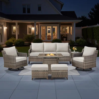 7 Pieces Patio Furniture Set With Fire Pit Table, Wicker Patio Conversation Set With Swivel Rocking Chairs, Outdoor Patio Set For Lawn Backyard Porch | Wayfair North America