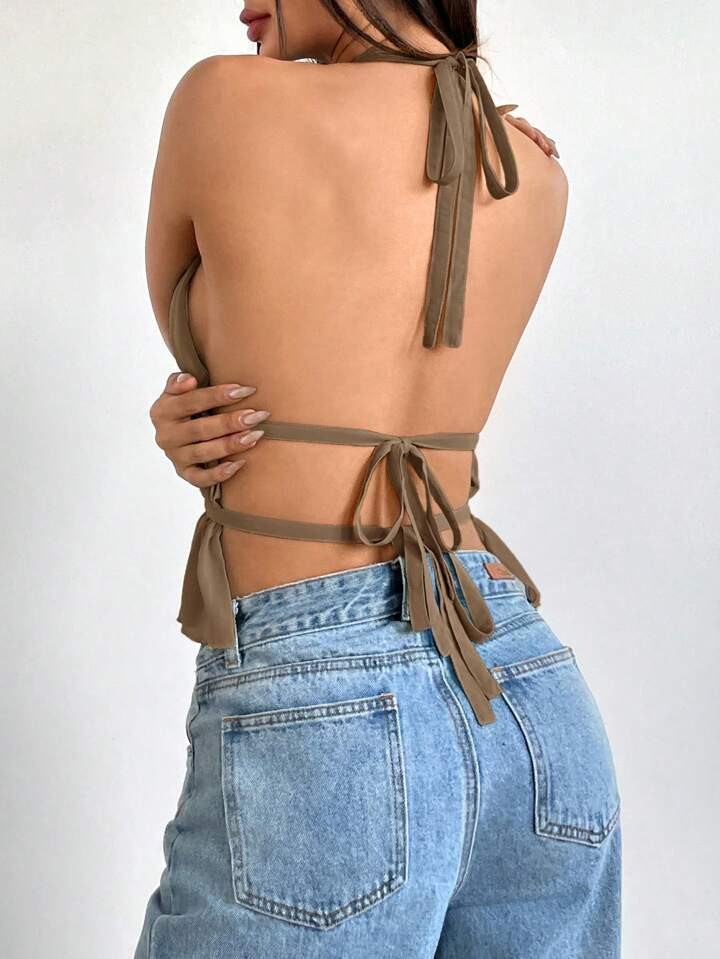 SHEIN EZwear Ruched Halter Cinched Waist Backless Camisole | SHEIN