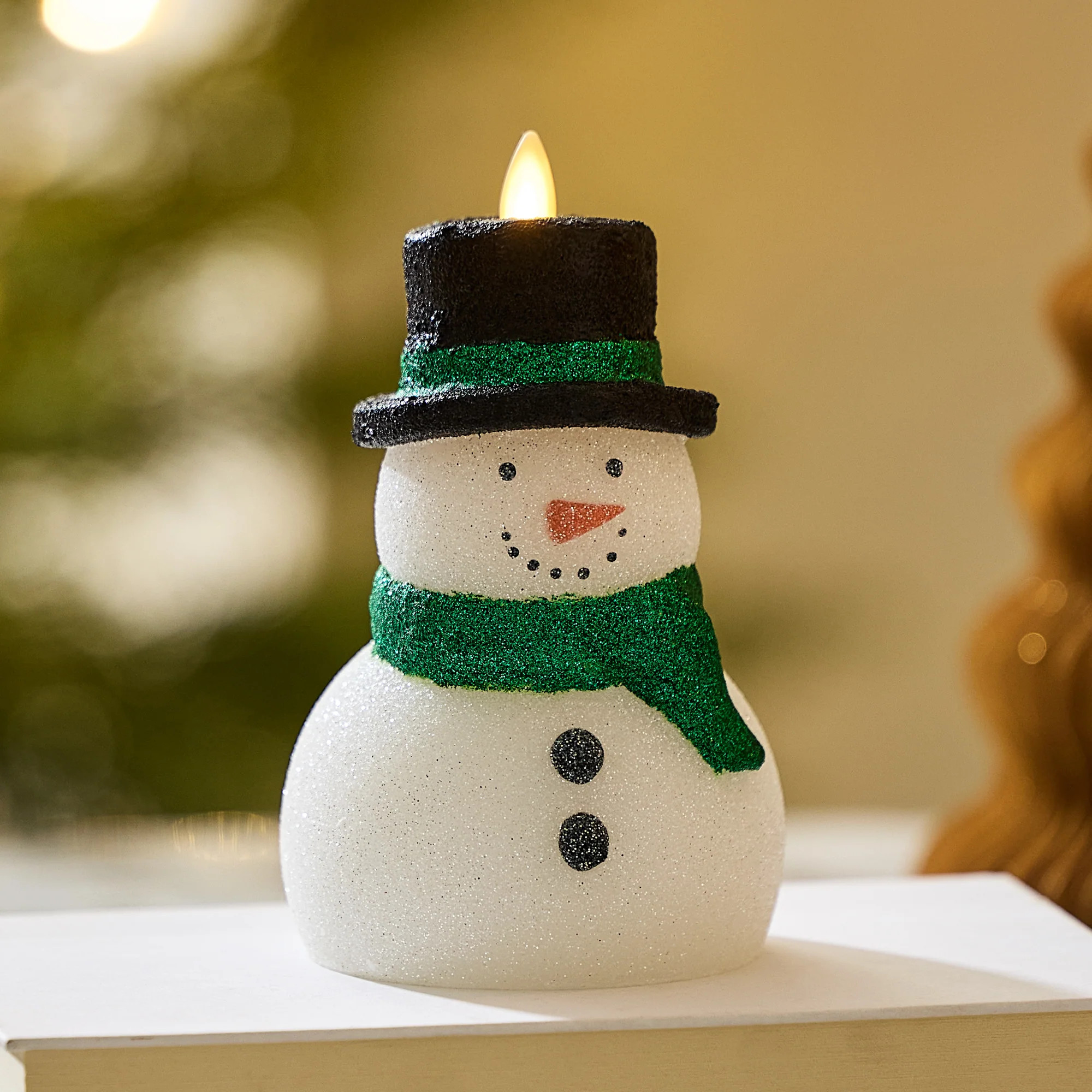 White Glitter Flameless Candle Snowman | Luminara
