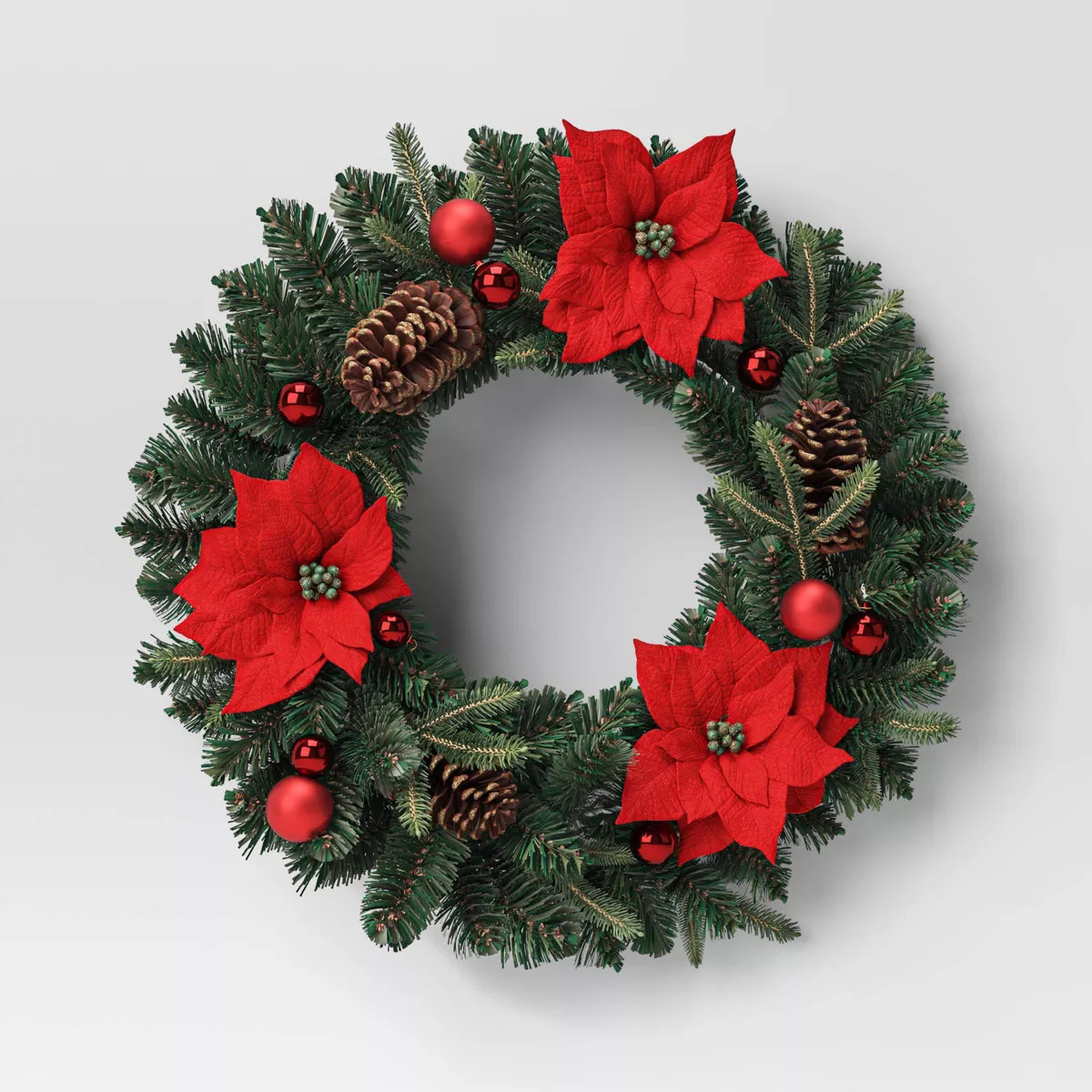 28" Pine and Poinsettia Flower with Ornaments Artificial Christmas Wreath Red - Wondershop™ | Target