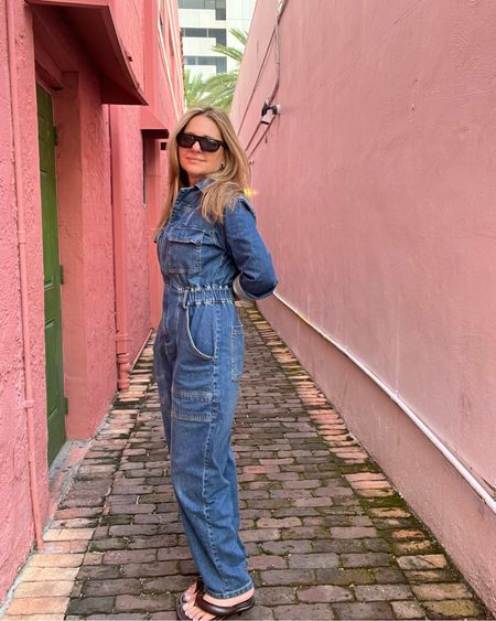 Denim jumpsuit with kitten heel thong sandals. Throw on higher heels for night or a pair of sneakers for daytime. One and done 💙 

#LTKSeasonal #LTKSpringSale #LTKstyletip