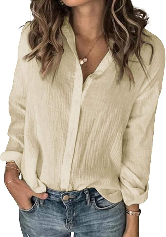 Karlywindow Womens Long Sleeve Button Down Cotton Linen Shirt Blouse Loose Fit Casual V-Neck Tops | Amazon (US)