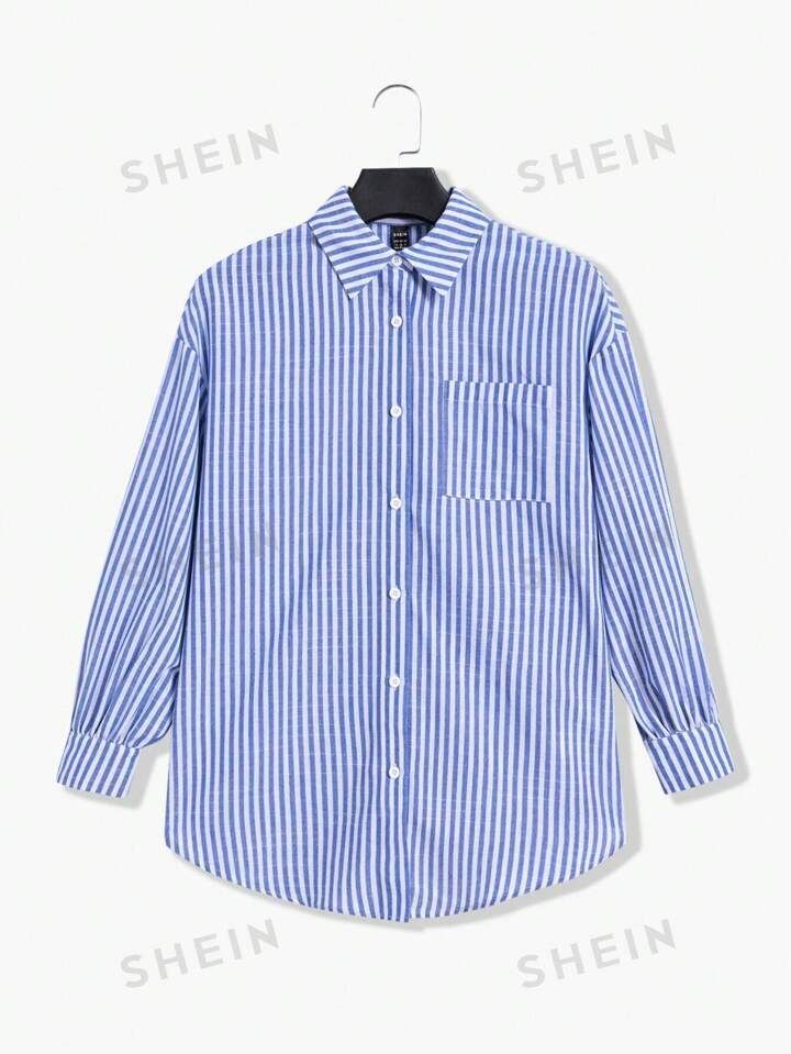 SHEIN EZwear Striped Print Drop Shoulder Shirt Without Cami Top | SHEIN