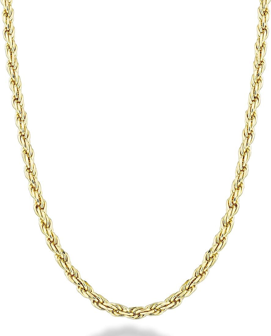Miabella Solid 18K Gold Over Sterling Silver Italian 2mm, 3mm Diamond-Cut Braided Rope Chain Necklac | Amazon (US)