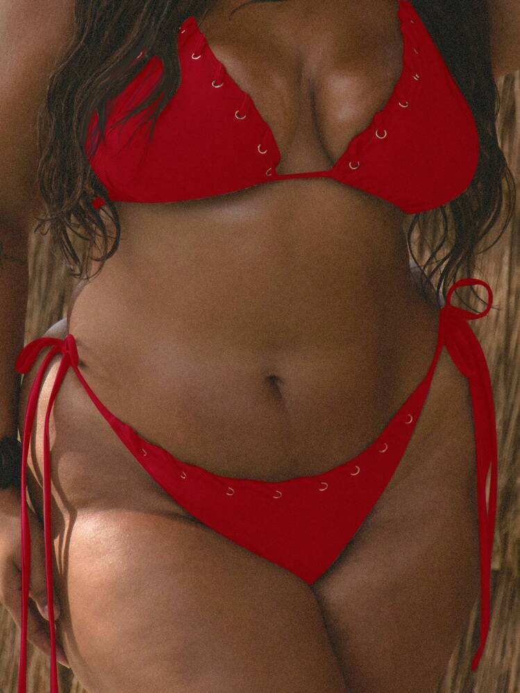 MUSERA Plus Size Eyelet Thread Detail Tie Side Bikini Bottoms Co-Ord Bottom Only Boho Swim Holiday Sexy Cute Elegant Cool Girl, Curve Swim Autumn Winter Fall | SHEIN