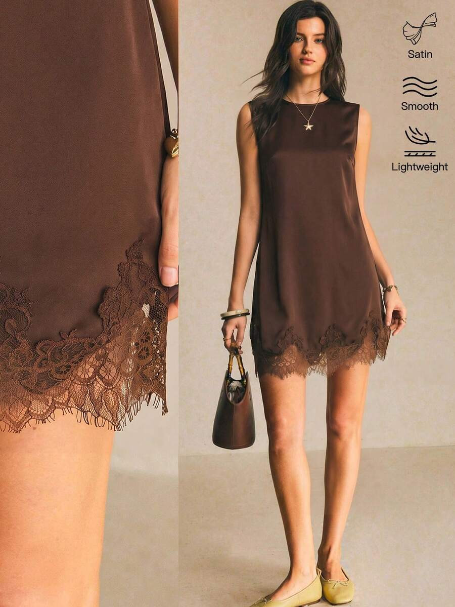 Poéselle Women's Solid Color Round Neck Lace Hem Sleeveless Short Dress Dinner Date Date Night D... | SHEIN