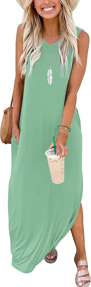 WNEEDU Womens Summer Dress Sleeveless Maxi Dress Casual V Neck Beach Sundresses Loose Tshirt Dres... | Amazon (CA)