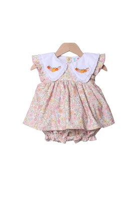 Hand Embroidered Pumpkin Flutter Sleeve Skirted Bubble | The Smocked Flamingo