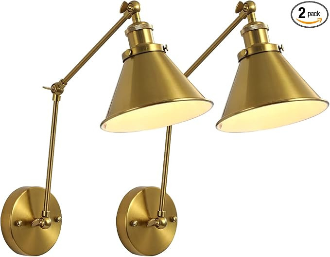 OVANUS Gold Swing Arm Wall Sconce, Adjustable Hardwired Wall Lamp Set of 2 | Amazon (US)