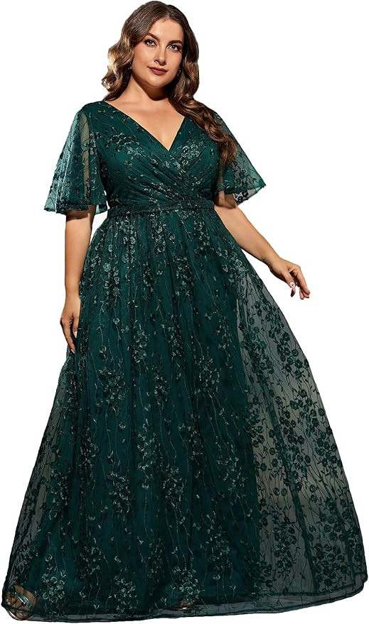 Plus Size Women's V Neck Ruffles Flutter Sleeve Embroidered Lace A Line Maxi Dress for Wedding Pa... | Amazon (US)