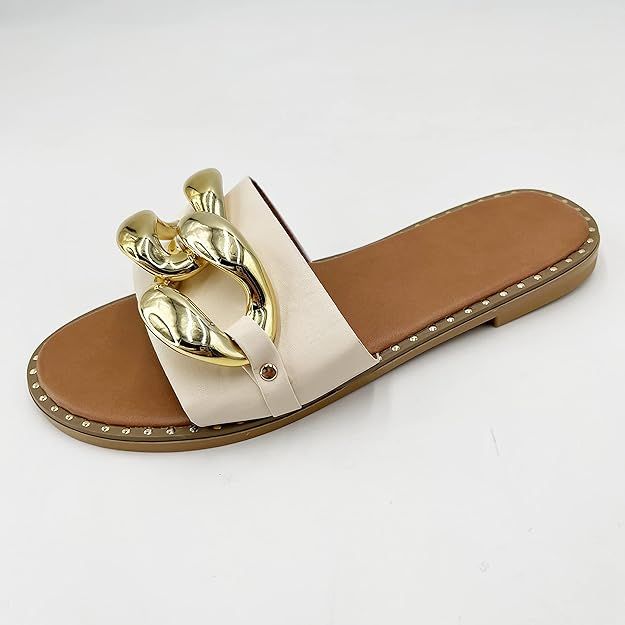 Women's Flat Heels Open Toe Backless Slippers Metallic Chains Slip On Summer Indoor Outdoor Slide... | Amazon (US)
