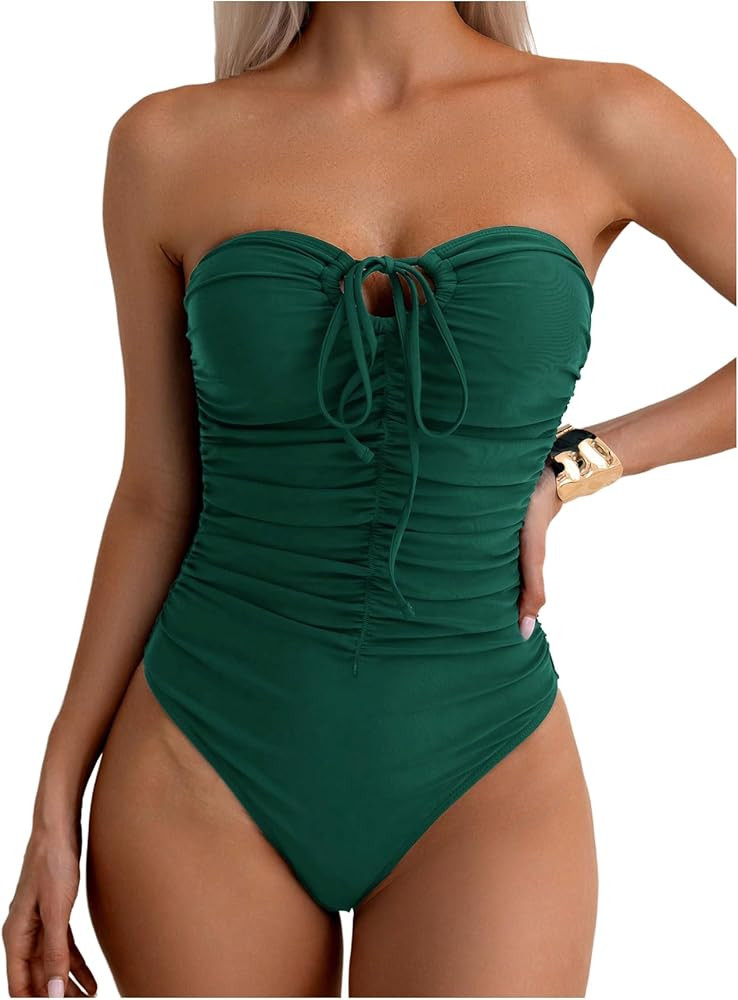 Milumia Women Strapless Bathing Suits Ruched Halter Bandeau One Piece Swimsuit | Amazon (US)