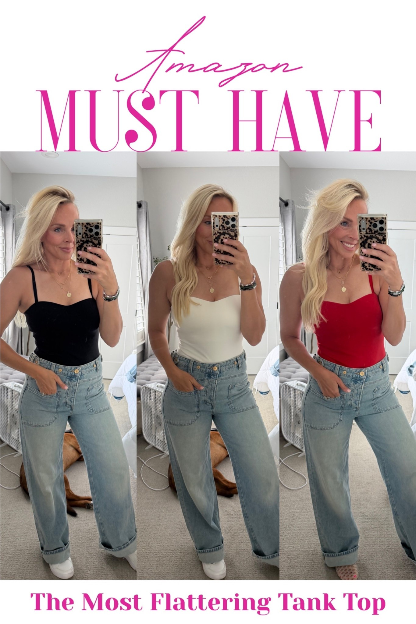 Amazon must have - these tank tops with a built in bra that is absolutely amazing!! Wearing a size medium. Size down in the jeans - wearing a 27. I’m normally a 28

#LTKgrwm #LTKmomlife #LTKootd