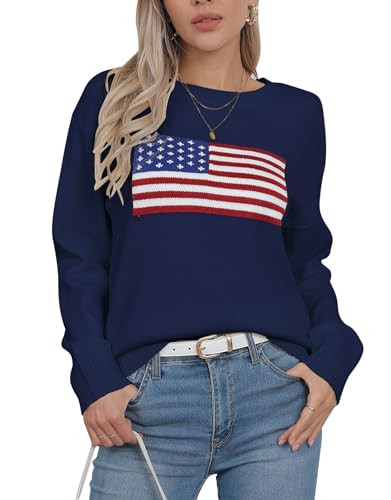 shermie Women's Long Sleeve Crew Neck Pullover Sweaters American Flag Sweater Lightweight Casual Pullover (Navy Blue,X-Large) | Amazon (US)
