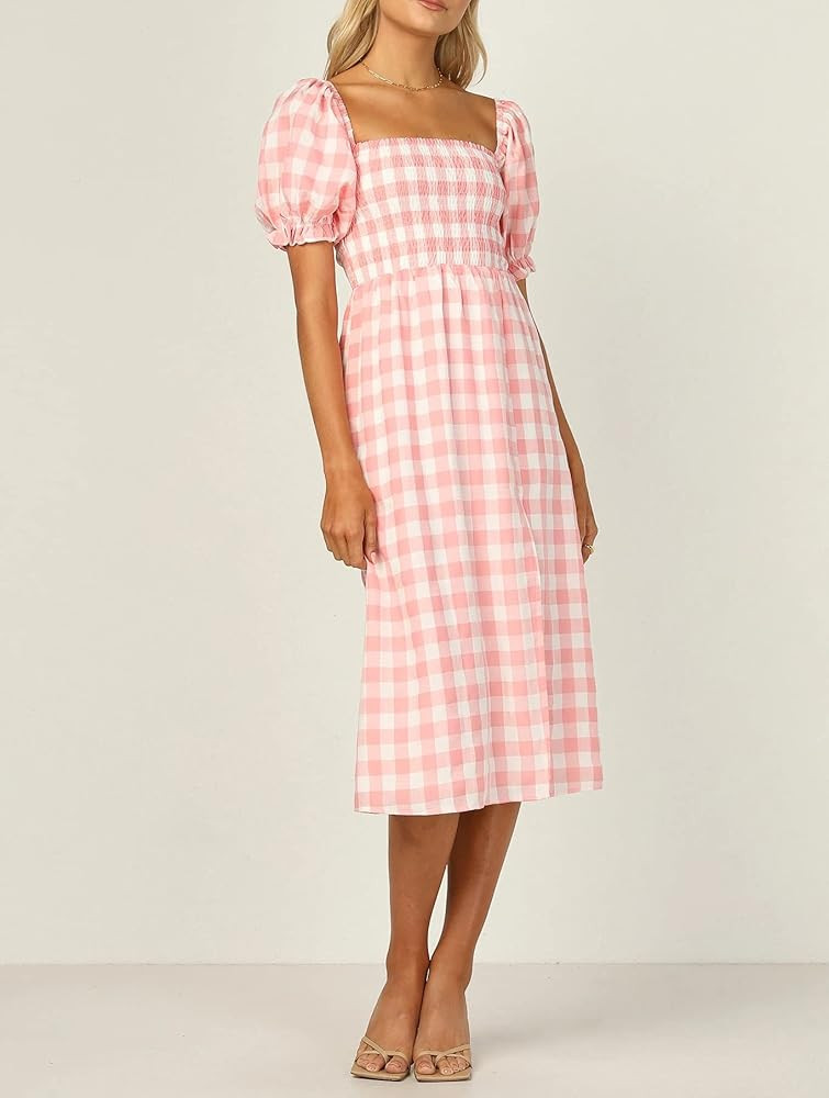 R.Vivimos Summer Dress for Women Cotton Plaid Puff Sleeves Casual Off-Shoulder Boho Side Slit Midi D | Amazon (US)