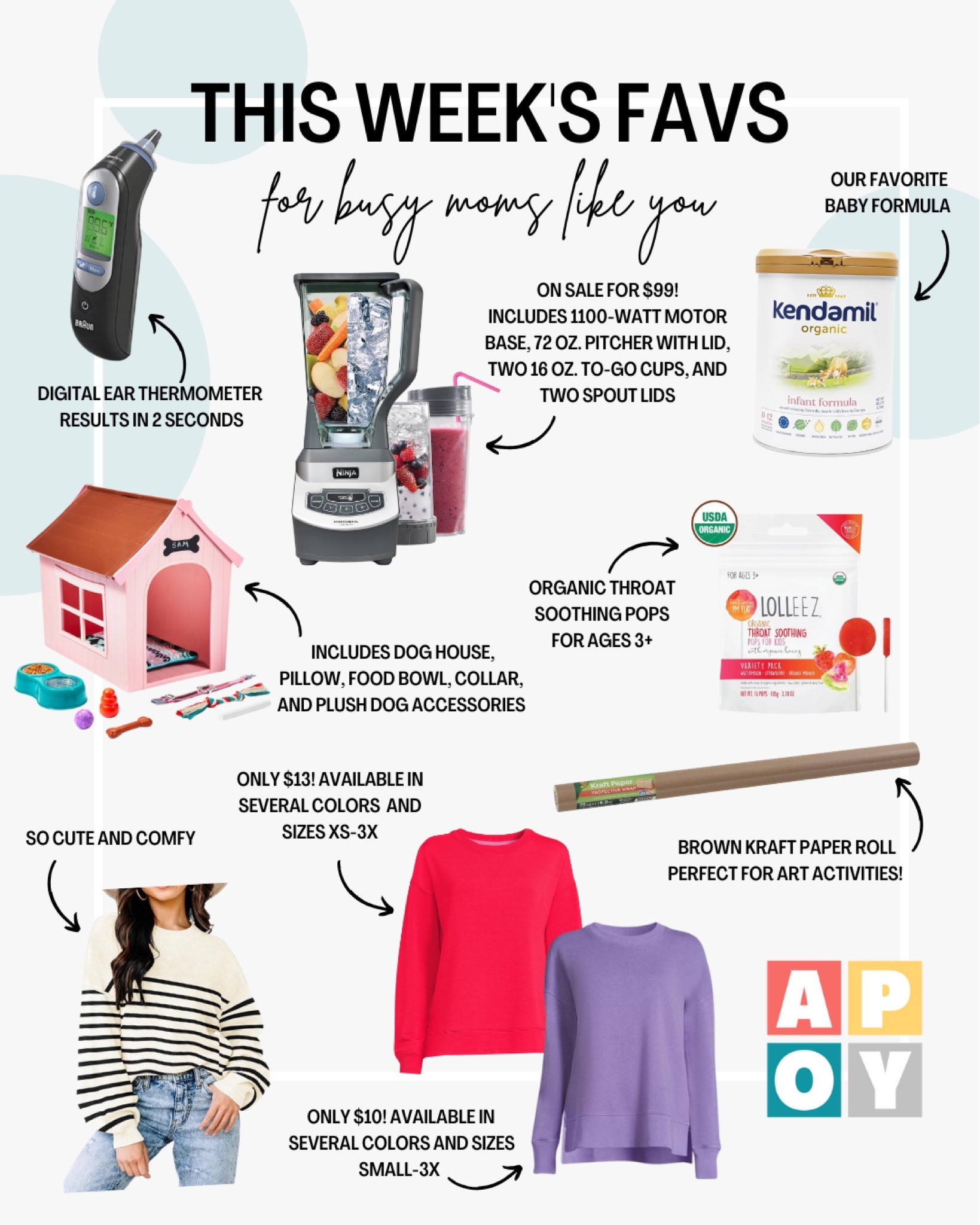 This week’s favorites including our Braun digital ear thermometer, Ninja blender, Kendamil Organic infant formula, a toy doghouse, Lolleez throat soothing pops, $12 Walmart solid sweatshirts, and an Amazon striped oversized sweater 

#LTKfamily #LTKfindsunder50 #LTKhome