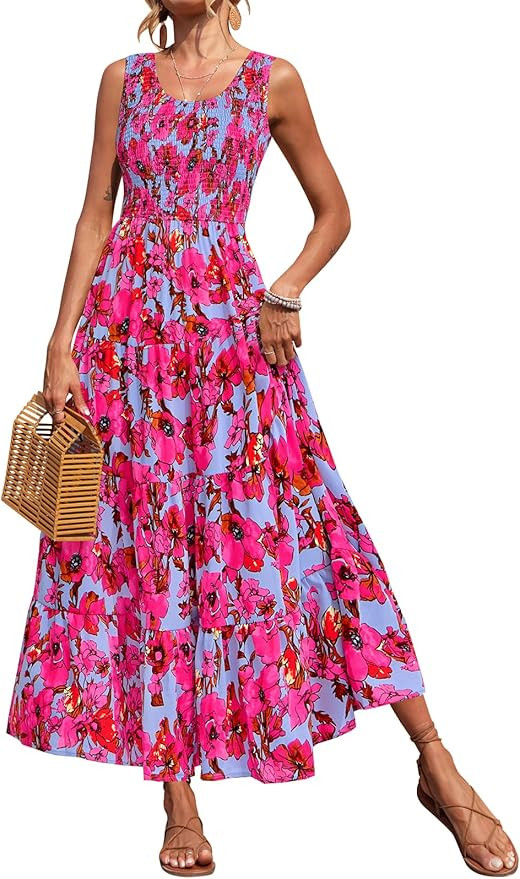 PRETTYGARDEN Smocked Tank Floral Maxi Dresses for Women 2026 Wedding Guest Dress Sleeveless Flowy... | Amazon (US)