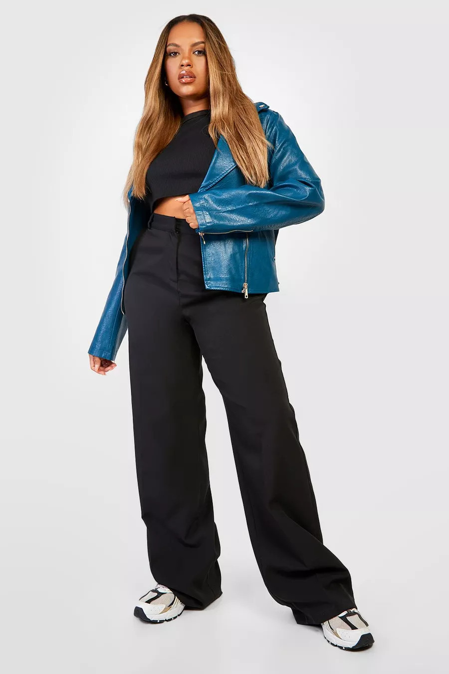 Plus Zip Pockets Faux Pu Leather Moto Jacket | Boohoo.com (US & CA)