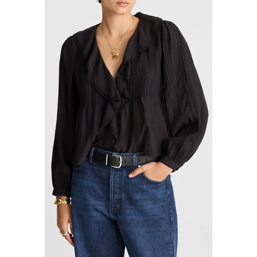 Madewell Lace Insert Ruffle Pintuck Long Sleeve Top in Jet Black at Nordstrom, Size X-Small | Nordstrom